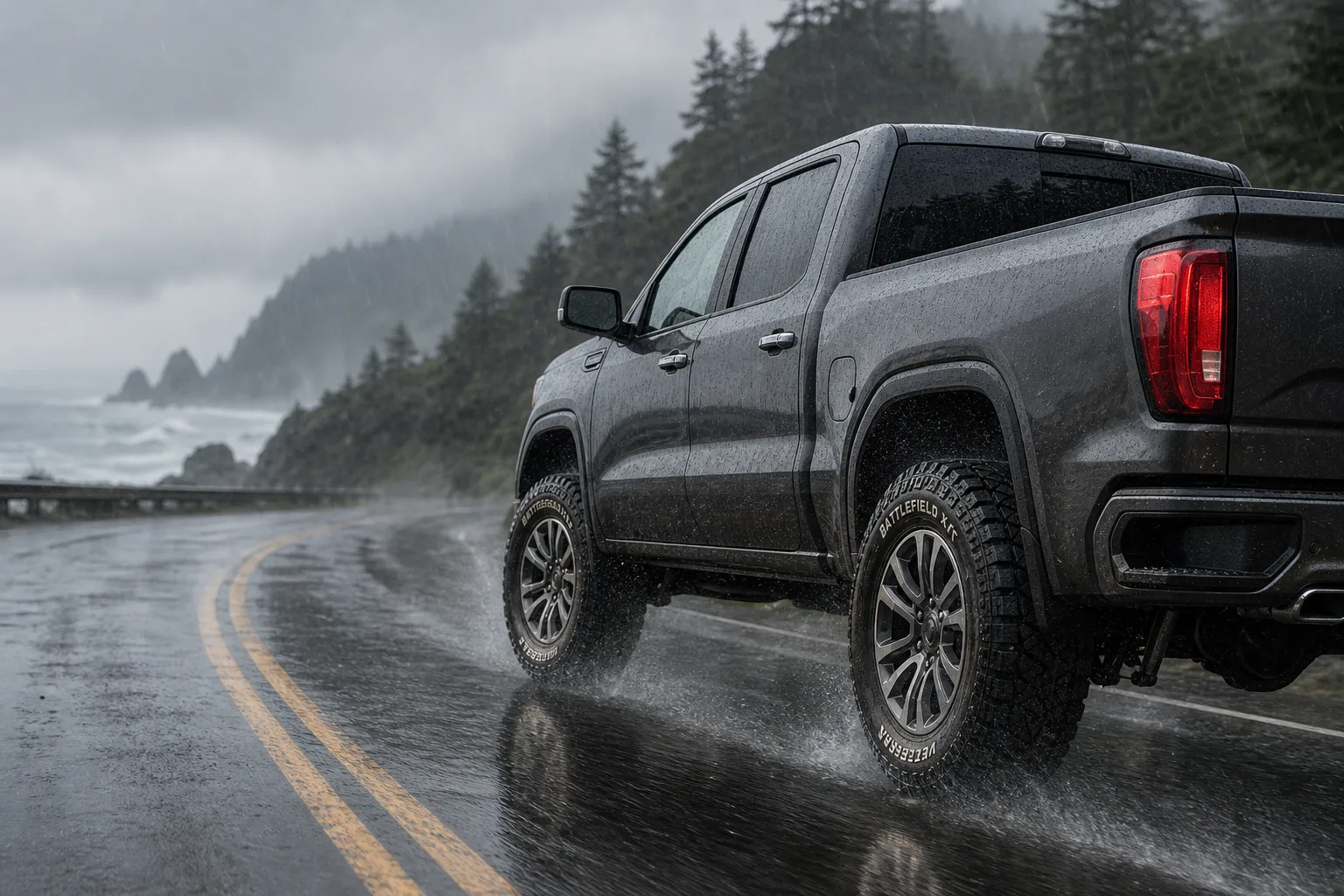 Pickup with Veteran Battlefields XT tires on a wet highway